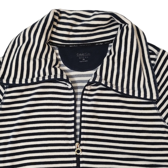 Calvin Klein Performance Sweater Jacket Terry Velour Navy Off White XL Zip Up - Picture 2 of 10